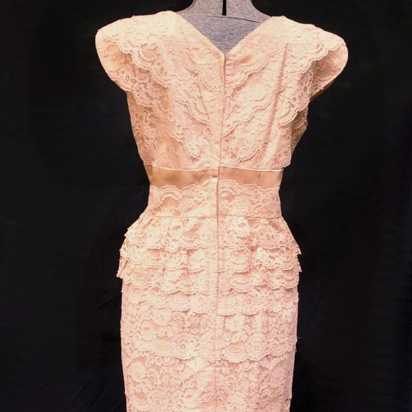 VTG 50's 60's Peach Diagonal Layered Lace & Satin Party Prom Sheath Dress MED - Picture 9 of 12